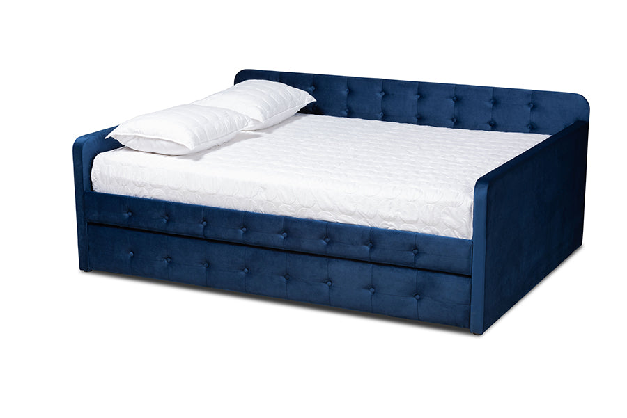 baxton studio jona modern and contemporary transitional navy blue velvet fabric upholstered and button tufted full size daybed with trundle | Modish Furniture Store-2