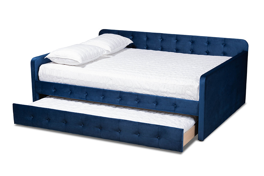 baxton studio jona modern and contemporary transitional navy blue velvet fabric upholstered and button tufted full size daybed with trundle | Modish Furniture Store-3