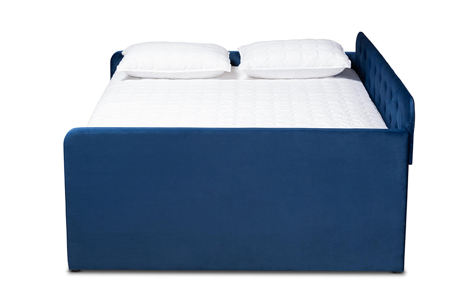 Baxton Studio Jona Modern and Contemporary Transitional Navy Blue Velvet Fabric Upholstered and Button Tufted Queen Size Daybed with Trundle | Daybeds | Modishstore - 3