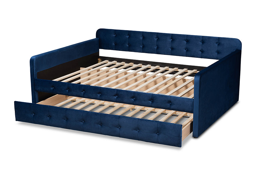 Baxton Studio Jona Modern and Contemporary Transitional Navy Blue Velvet Fabric Upholstered and Button Tufted Queen Size Daybed with Trundle | Daybeds | Modishstore - 7