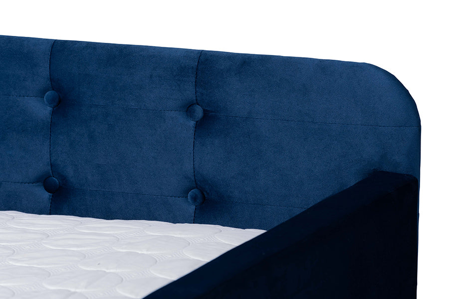 Baxton Studio Jona Modern and Contemporary Transitional Navy Blue Velvet Fabric Upholstered and Button Tufted Queen Size Daybed with Trundle | Daybeds | Modishstore - 4