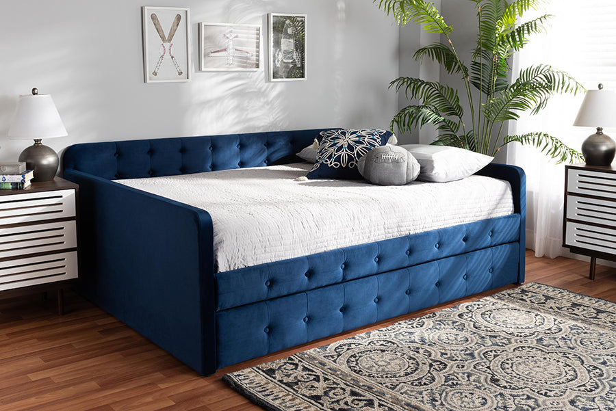 Baxton Studio Jona Modern and Contemporary Transitional Navy Blue Velvet Fabric Upholstered and Button Tufted Queen Size Daybed with Trundle | Daybeds | Modishstore - 2