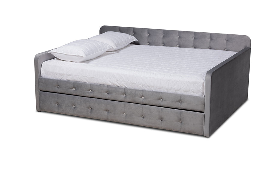 baxton studio jona modern and contemporary transitional grey velvet fabric upholstered and button tufted queen size daybed with trundle | Modish Furniture Store-2