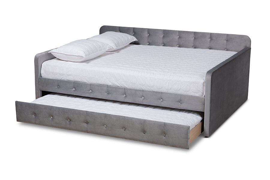 baxton studio jona modern and contemporary transitional grey velvet fabric upholstered and button tufted queen size daybed with trundle | Modish Furniture Store-3