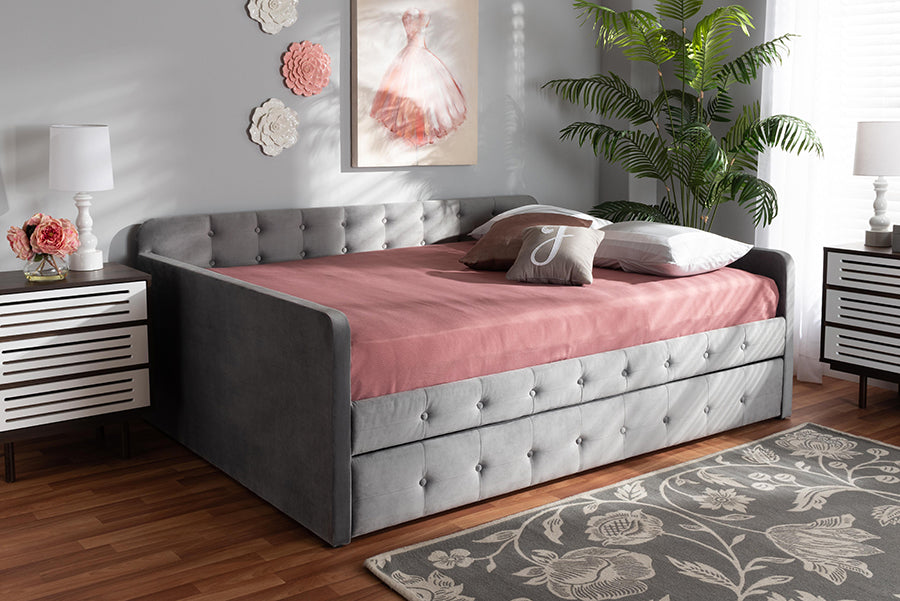 Baxton Studio Jona Modern and Contemporary Transitional Grey Velvet Fabric Upholstered and Button Tufted Queen Size Daybed with Trundle | Modishstore | Beds