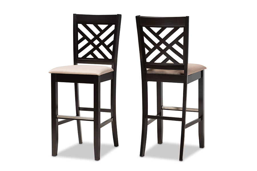baxton studio jason modern and contemporary sand fabric upholstered and espresso brown finished wood 2 piece bar stool set | Modish Furniture Store-2
