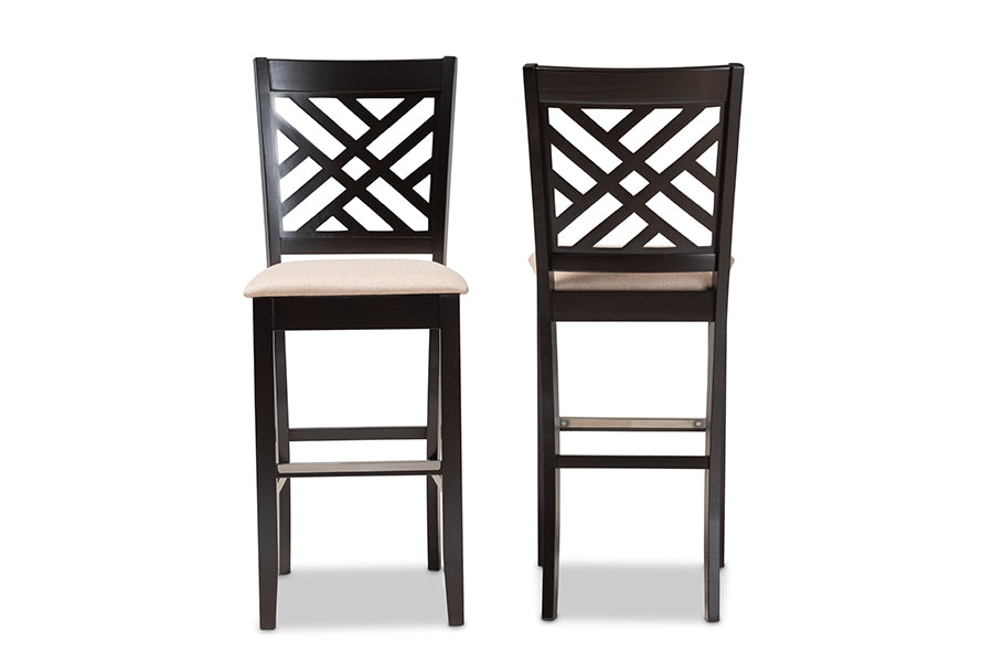 baxton studio jason modern and contemporary sand fabric upholstered and espresso brown finished wood 2 piece bar stool set | Modish Furniture Store-3