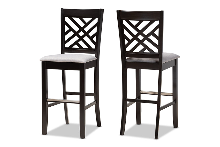 baxton studio jason modern and contemporary grey fabric upholstered and espresso brown finished wood 2 piece bar stool set | Modish Furniture Store-2