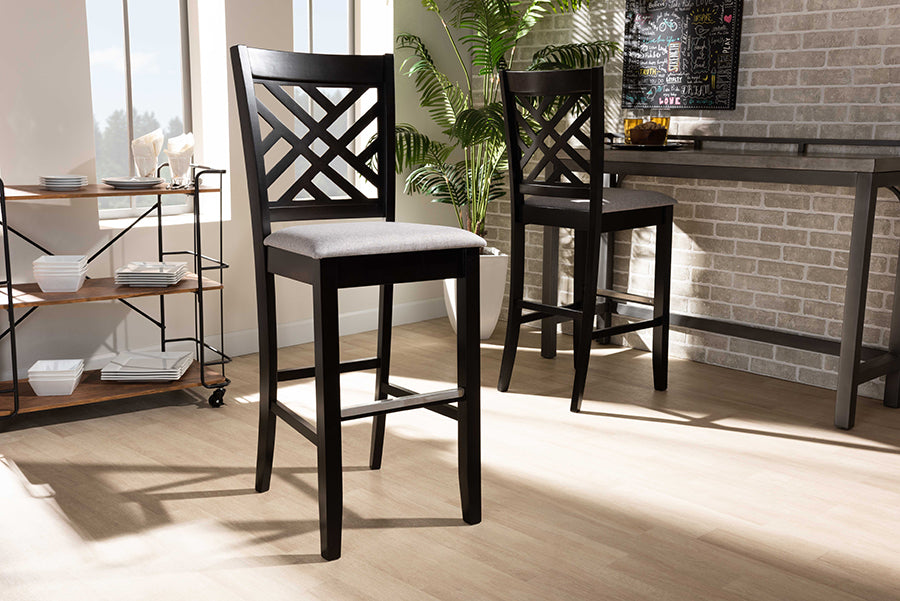 Baxton Studio Jason Modern and Contemporary Grey Fabric Upholstered and Espresso Brown Finished Wood 2-Piece Bar Stool Set | Modishstore | Bar Stools