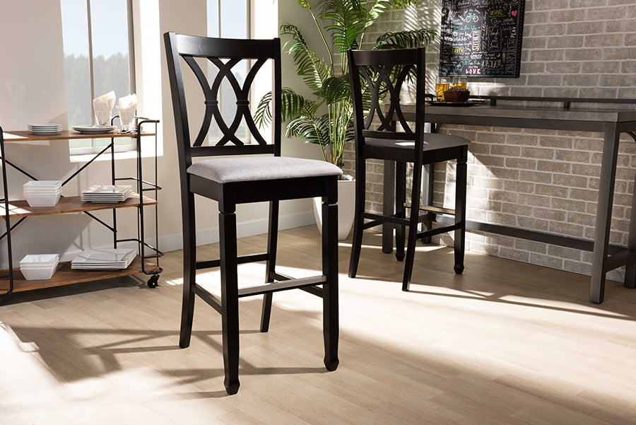 Baxton Studio Calista Modern and Contemporary Grey Fabric Upholstered and Espresso Brown Finished Wood 2-Piece Bar Stool Set | Bar Stools | Modishstore - 2
