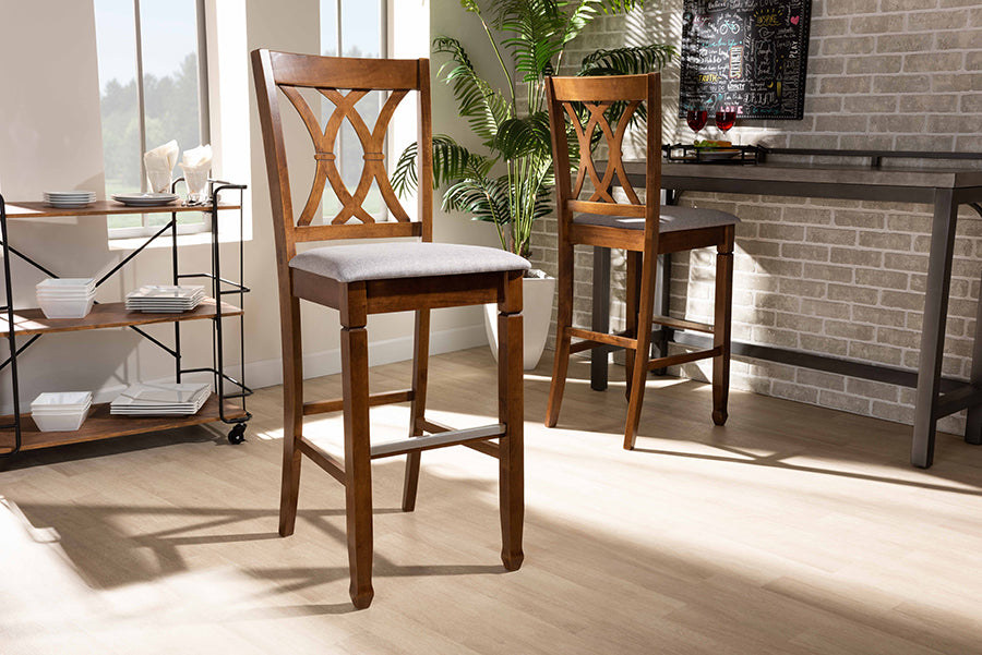 Baxton Studio Calista Modern and Contemporary Grey Fabric Upholstered and Walnut Brown Finished Wood 2-Piece Bar Stool Set | Modishstore | Bar Stools