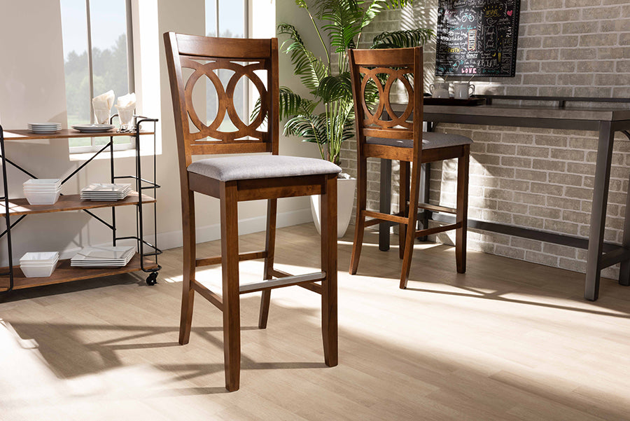 Baxton Studio Carson Modern and Contemporary Grey Fabric Upholstered and Walnut Brown Finished Wood 2-Piece Bar Stool Set | Bar Stools | Modishstore - 2