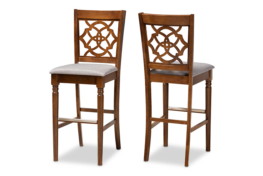 baxton studio alexandra modern and contemporary grey fabric upholstered and walnut brown finished wood 2 piece bar stool set | Modish Furniture Store-2