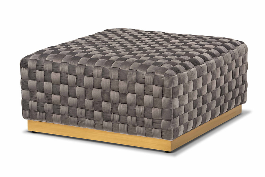 baxton studio noah luxe and glam grey velvet fabric upholstered and gold finished square cocktail ottoman | Modish Furniture Store-2