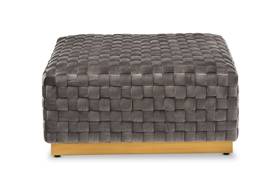 baxton studio noah luxe and glam grey velvet fabric upholstered and gold finished square cocktail ottoman | Modish Furniture Store-3