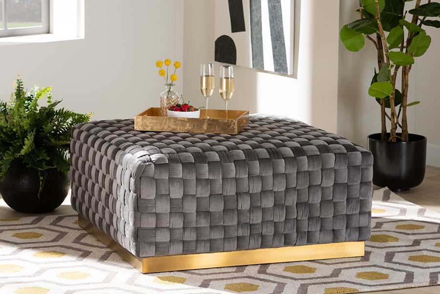 Baxton Studio Noah Luxe and Glam Grey Velvet Fabric Upholstered and Gold Finished Square Cocktail Ottoman | Modishstore | Ottomans