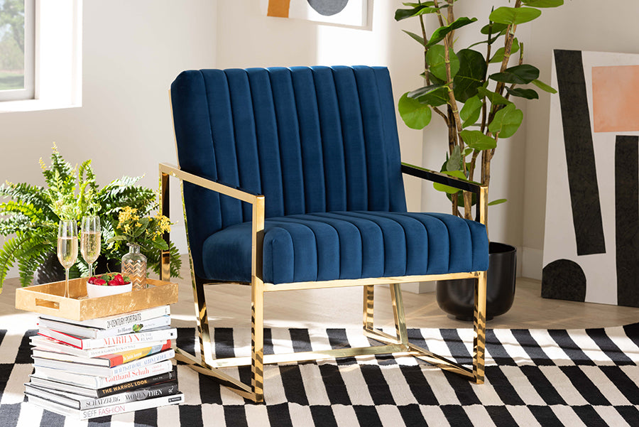 Baxton Studio Janelle Luxe and Glam Royal Blue Velvet Fabric Upholstered and Gold Finished Living Room Accent Chair | Modishstore | Accent Chairs