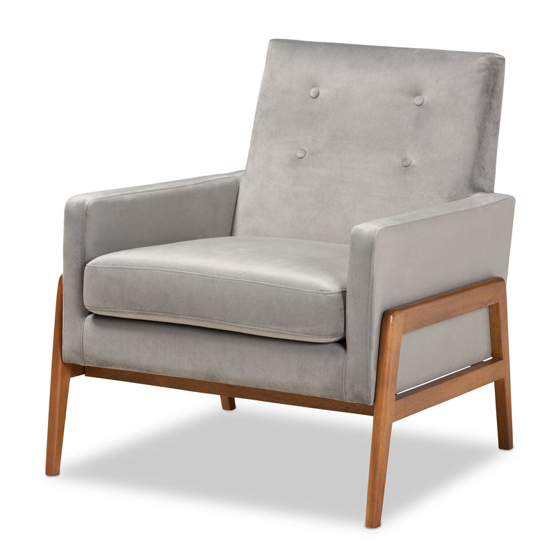 Baxton Studio Perris Mid-Century Modern Grey Velvet Wood Lounge Chair | Lounge Chairs | Modishstore