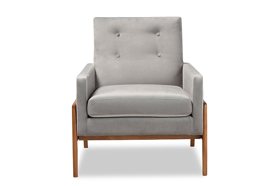 Baxton Studio Perris Mid-Century Modern Grey Velvet Wood Lounge Chair | Lounge Chairs | Modishstore - 8