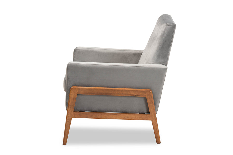 Baxton Studio Perris Mid-Century Modern Grey Velvet Wood Lounge Chair | Lounge Chairs | Modishstore - 7