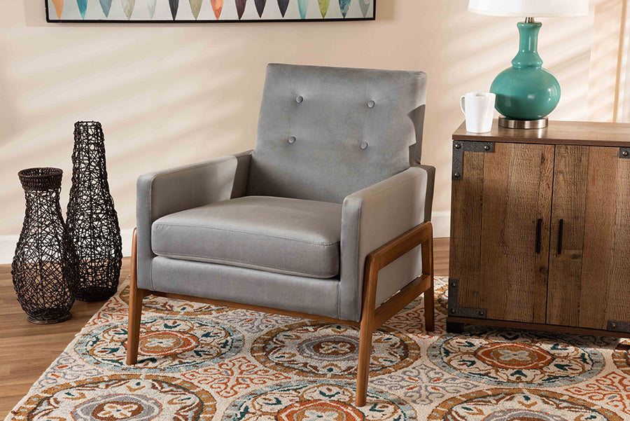 Baxton Studio Perris Mid-Century Modern Grey Velvet Wood Lounge Chair | Lounge Chairs | Modishstore - 2