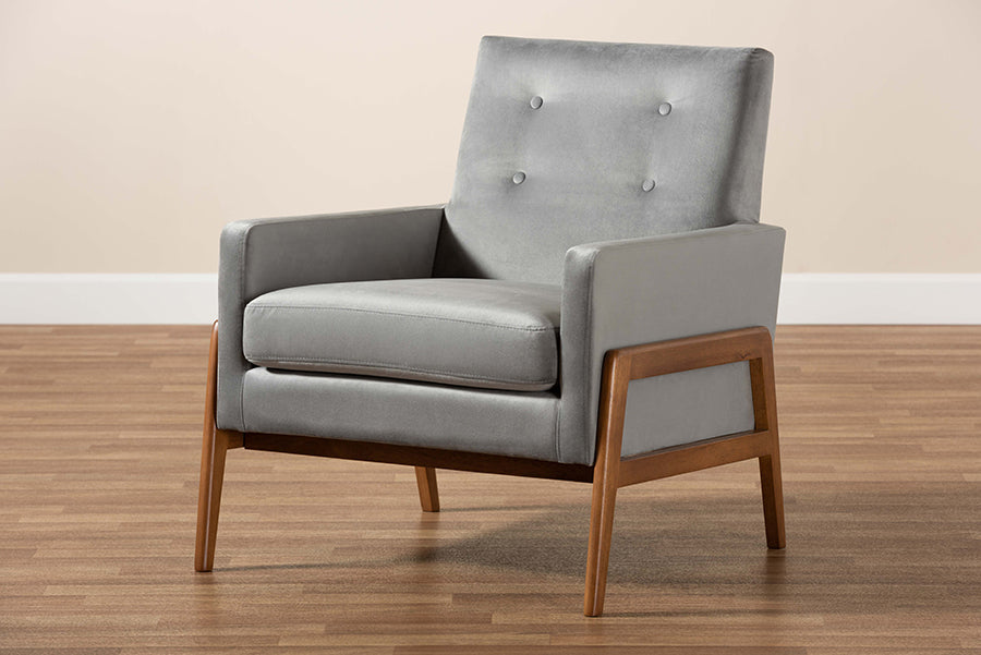 Baxton Studio Perris Mid-Century Modern Grey Velvet Wood Lounge Chair | Lounge Chairs | Modishstore - 3