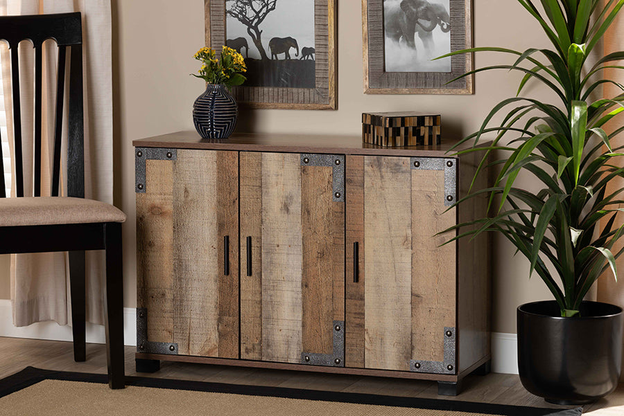 Baxton Studio Cyrille Modern and Contemporary Farmhouse Rustic Finished Wood 3-Door Shoe Cabinet | Modishstore | Cabinets