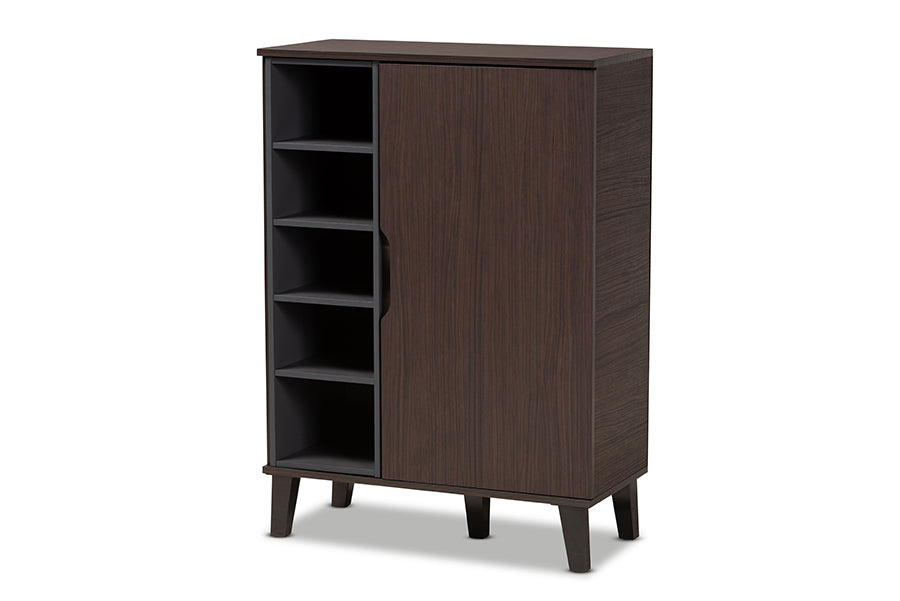 baxton studio idina mid century modern two tone dark brown and grey finished wood 1 door shoe cabinet | Modish Furniture Store-2