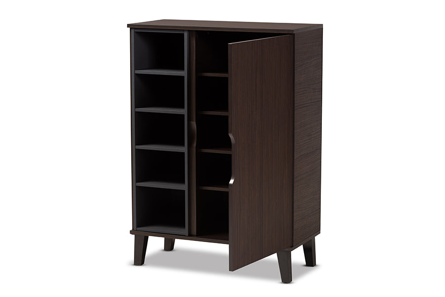 baxton studio idina mid century modern two tone dark brown and grey finished wood 1 door shoe cabinet | Modish Furniture Store-3