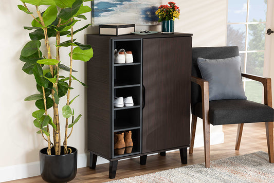 Baxton Studio Idina Mid-Century Modern Two-Tone Dark Brown and Grey Finished Wood 1-Door Shoe Cabinet | Modishstore | Cabinets