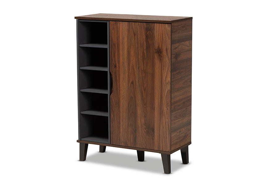 baxton studio idina mid century modern two tone walnut brown and grey finished wood 1 door shoe cabinet | Modish Furniture Store-3