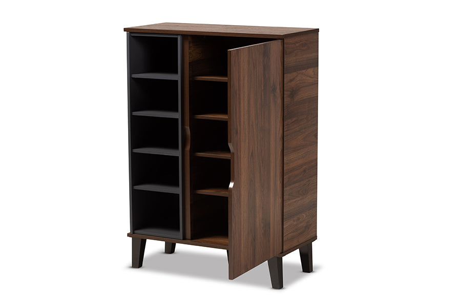 baxton studio idina mid century modern two tone walnut brown and grey finished wood 1 door shoe cabinet | Modish Furniture Store-2