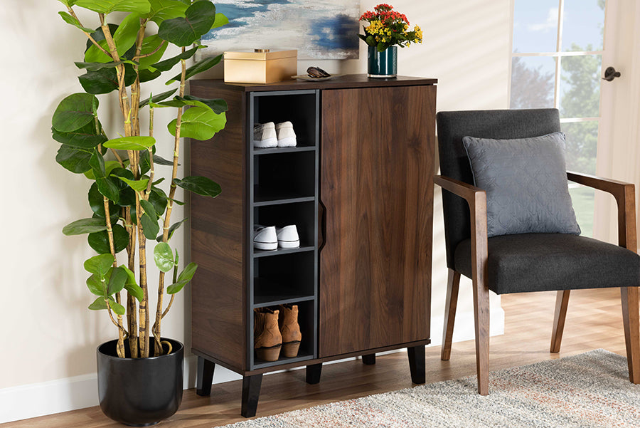 Baxton Studio Idina Mid-Century Modern Two-Tone Walnut Brown and Grey Finished Wood 1-Door Shoe Cabinet | Modishstore | Cabinets