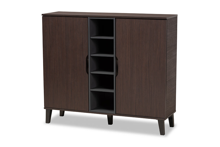 baxton studio idina mid century modern two tone dark brown and grey finished wood 2 door shoe cabinet | Modish Furniture Store-2