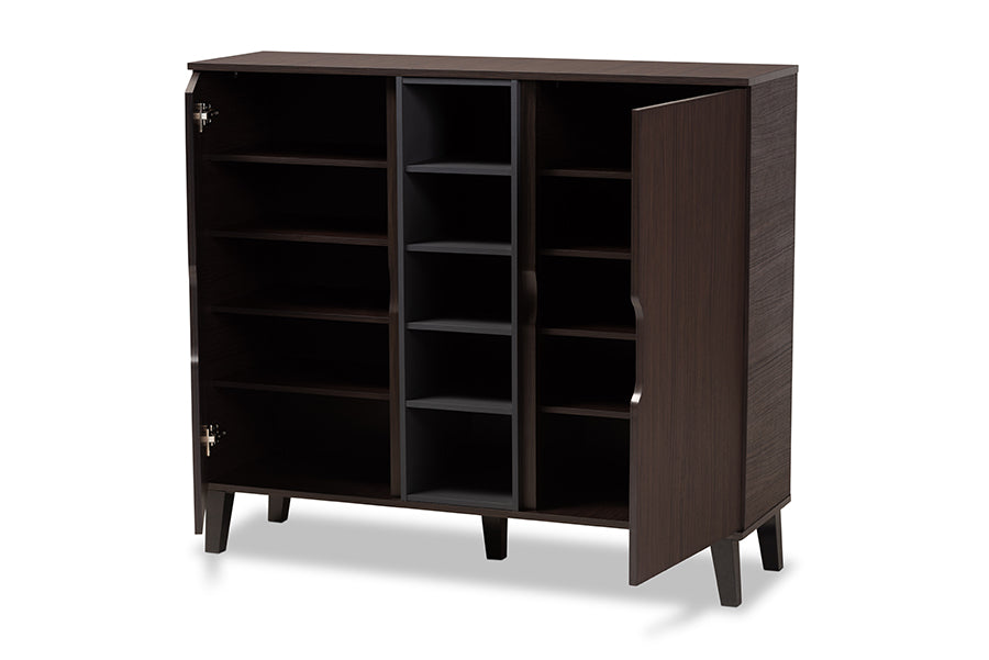 baxton studio idina mid century modern two tone dark brown and grey finished wood 2 door shoe cabinet | Modish Furniture Store-3