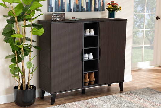 Baxton Studio Idina Mid-Century Modern Two-Tone Dark Brown and Grey Finished Wood 2-Door Shoe Cabinet | Modishstore | Cabinets
