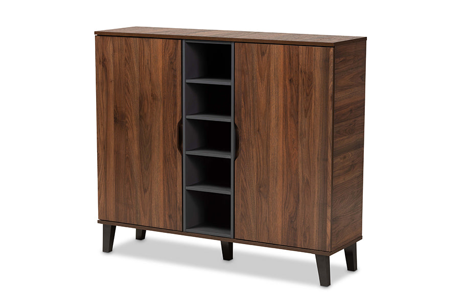 baxton studio idina mid century modern two tone walnut brown and grey finished wood 2 door shoe cabinet | Modish Furniture Store-2
