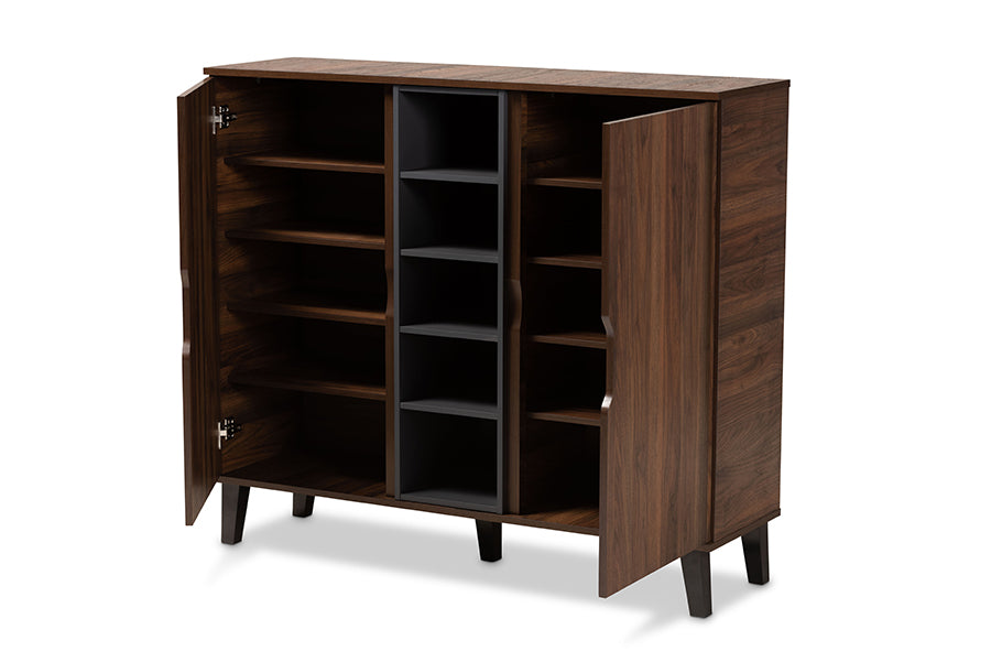 baxton studio idina mid century modern two tone walnut brown and grey finished wood 2 door shoe cabinet | Modish Furniture Store-3
