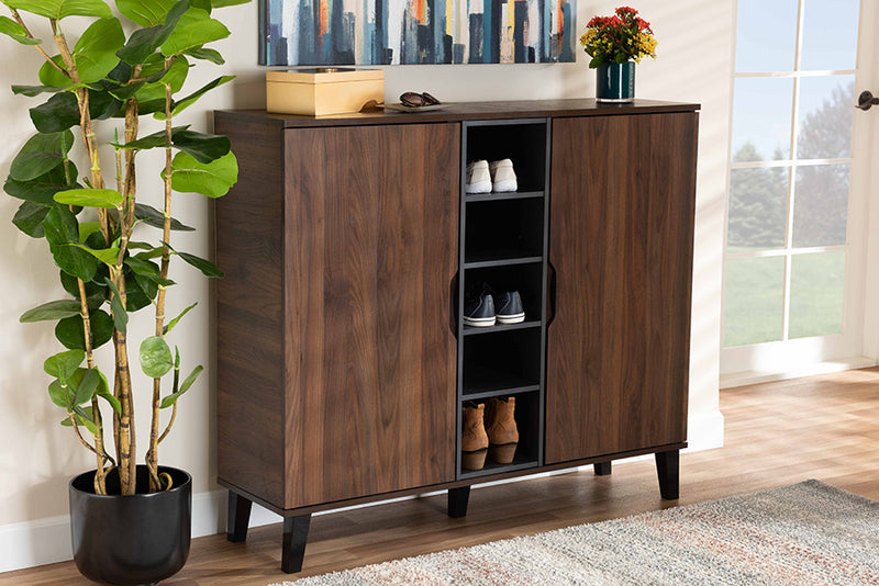 Baxton Studio Idina Mid-Century Modern Two-Tone Walnut Brown and Grey Finished Wood 2-Door Shoe Cabinet | Modishstore | Cabinets