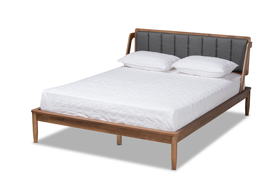 baxton studio helsa mid century modern dark grey fabric upholstered and walnut finished full size platform bed | Modish Furniture Store-2