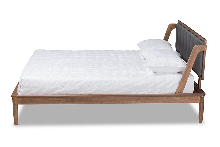 baxton studio helsa mid century modern dark grey fabric upholstered and walnut finished full size platform bed | Modish Furniture Store-3