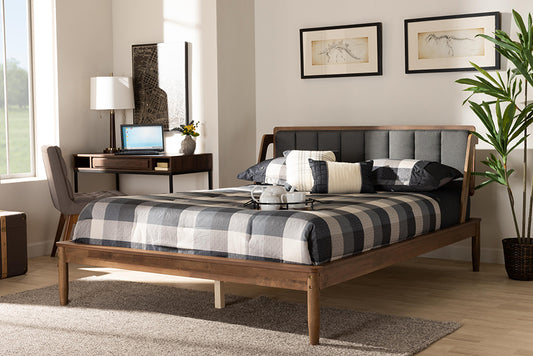 Baxton Studio Helsa Mid-Century Modern Dark Grey Fabric Upholstered and Walnut Finished Queen Size Platform Bed | Modishstore | Beds
