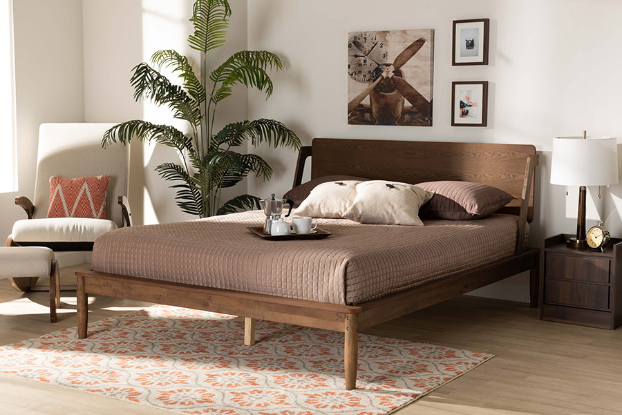 Baxton Studio Sadler Mid-Century Modern Ash Walnut Brown Finished Wood Queen Size Platform Bed | Beds | Modishstore - 2