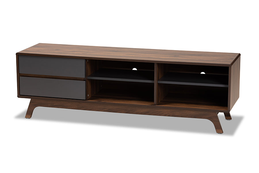 baxton studio koji mid century modern two tone grey and walnut finished wood 2 drawer tv stand | Modish Furniture Store-2