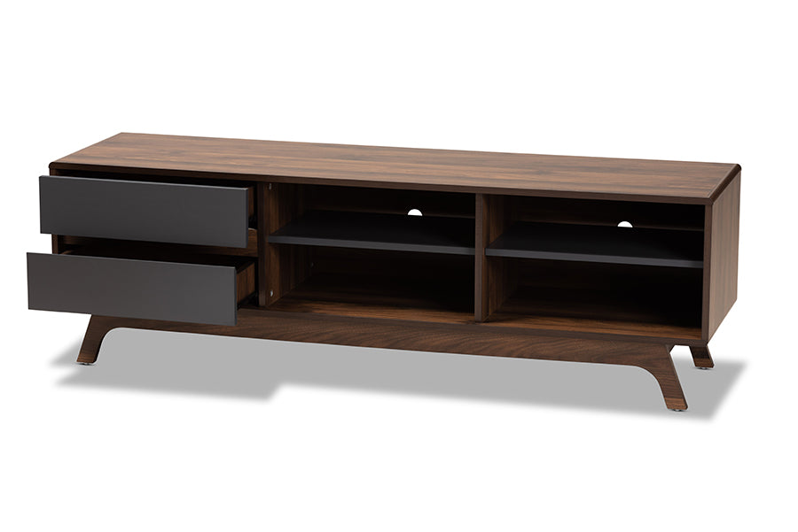 baxton studio koji mid century modern two tone grey and walnut finished wood 2 drawer tv stand | Modish Furniture Store-3