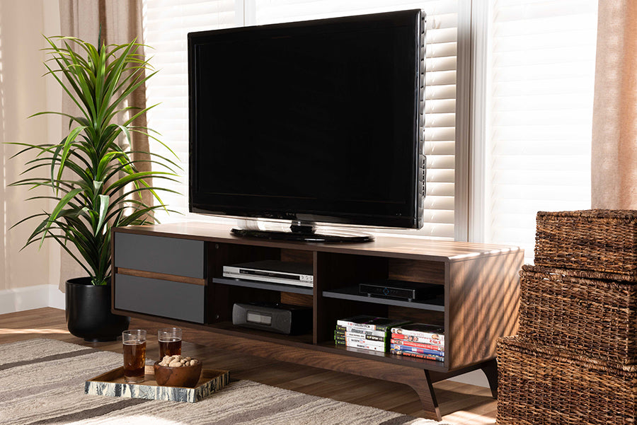 Baxton Studio Koji Mid-Century Modern Two-Tone Grey and Walnut Finished Wood 2-Drawer TV Stand | Modishstore | TV Stands