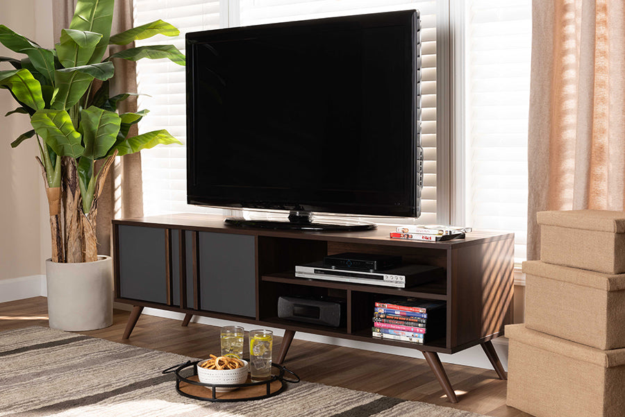 Baxton Studio Naoki Modern and Contemporary Two-Tone Grey and Walnut Finished Wood 2-Door TV Stand | Modishstore | TV Stands
