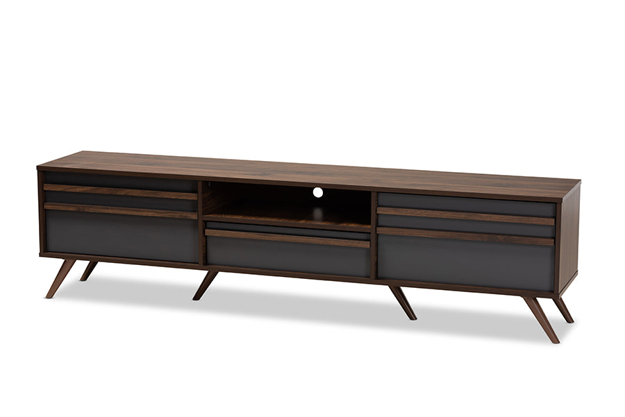baxton studio naoki modern and contemporary two tone grey and walnut finished wood tv stand with drop down compartments | Modish Furniture Store-2