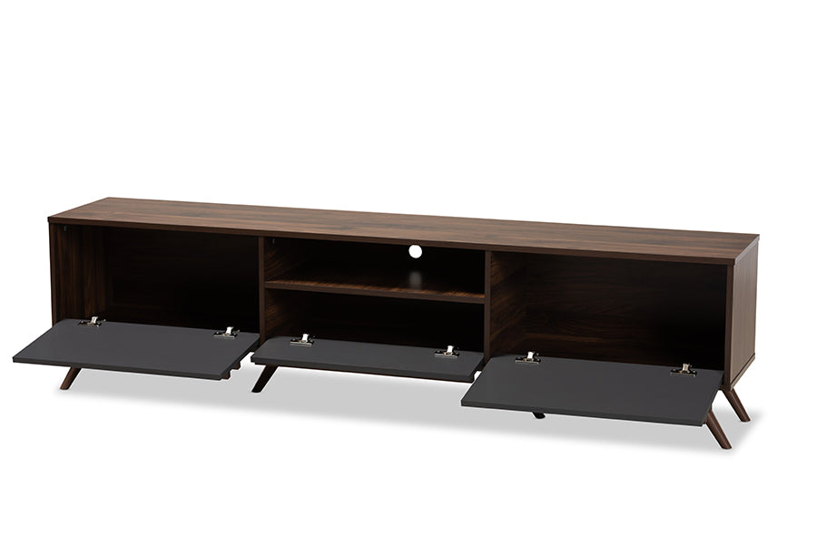 baxton studio naoki modern and contemporary two tone grey and walnut finished wood tv stand with drop down compartments | Modish Furniture Store-3