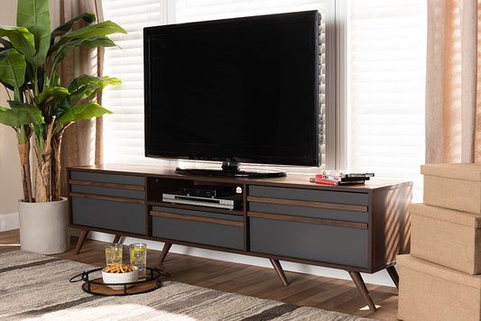 Baxton Studio Naoki Modern and Contemporary Two-Tone Grey and Walnut Finished Wood TV Stand with Drop-Down Compartments | Modishstore | TV Stands